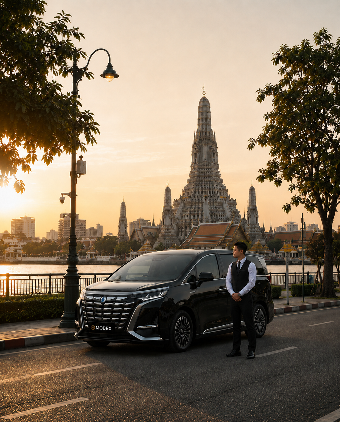 A MOBEX chauffeur and vehicle beside a Bangkok temple